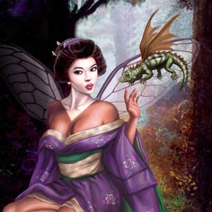 lovely japanese geisha fairy is seated in the forest with a small dragon flying around her head