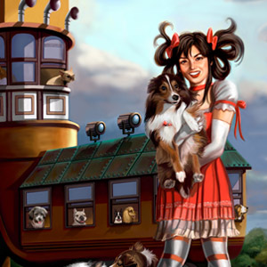 gothic lolita young woman in a steampunk shoe is surrounded by dogs instead of children.