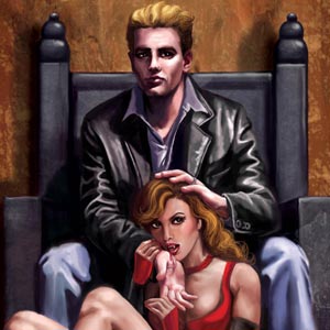 Handsome vampire master seated with subservient female underling