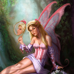 pink fairy is primping in the forest
