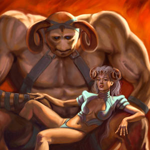 pretty horned woman is seated upon a gigantic monster