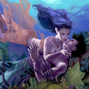 sailor thrown overboard underwater is saved by sea nymph mermaid