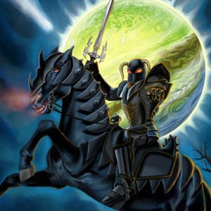 evil black knight on horseback green planet looming in background