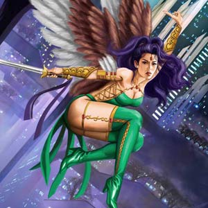 asian heroine with angel wings and straight sword flying among futuristic city