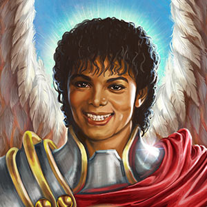 Michael Jackson as an angel dressed in knightly armor cradles the earth in his hands