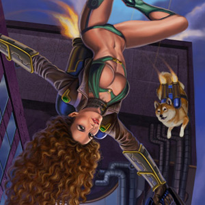 Drakaina sexy heroine is wearing a jetpack and flying with her shibu inu