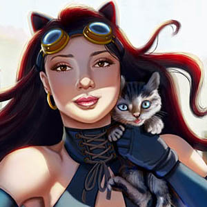 Super Villian Steampunk Catwoman is holding a cat against her face