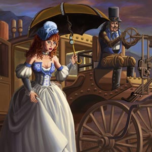 steampunk cinderella is boarding her steampunk carriage to attend the ball. Her animal friends bid her goodbye.