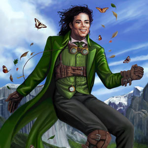 steampunk Michael Jackson as peter pan is dancing on top of a mountain