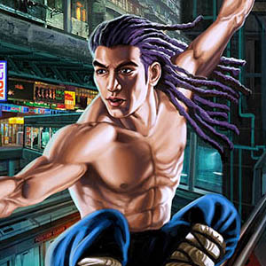 The cover of Gothic Geisha issue 6 features Kenji, the protagonist, jumping in the air with a straight sword, the futuristic metropolis city is in the background