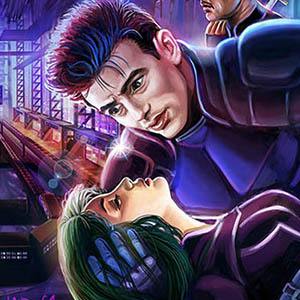 Jeremy, X909 cradles Akemi's head. Behind him is a collage of the Futuristic Metropolis city, the villians stand behind him along with some cybernetic soldiers