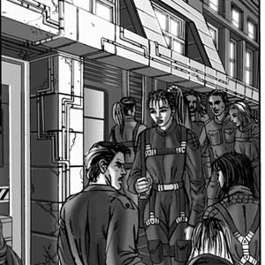 Akemi is walking through the crowded streets of the lowest level of the city
